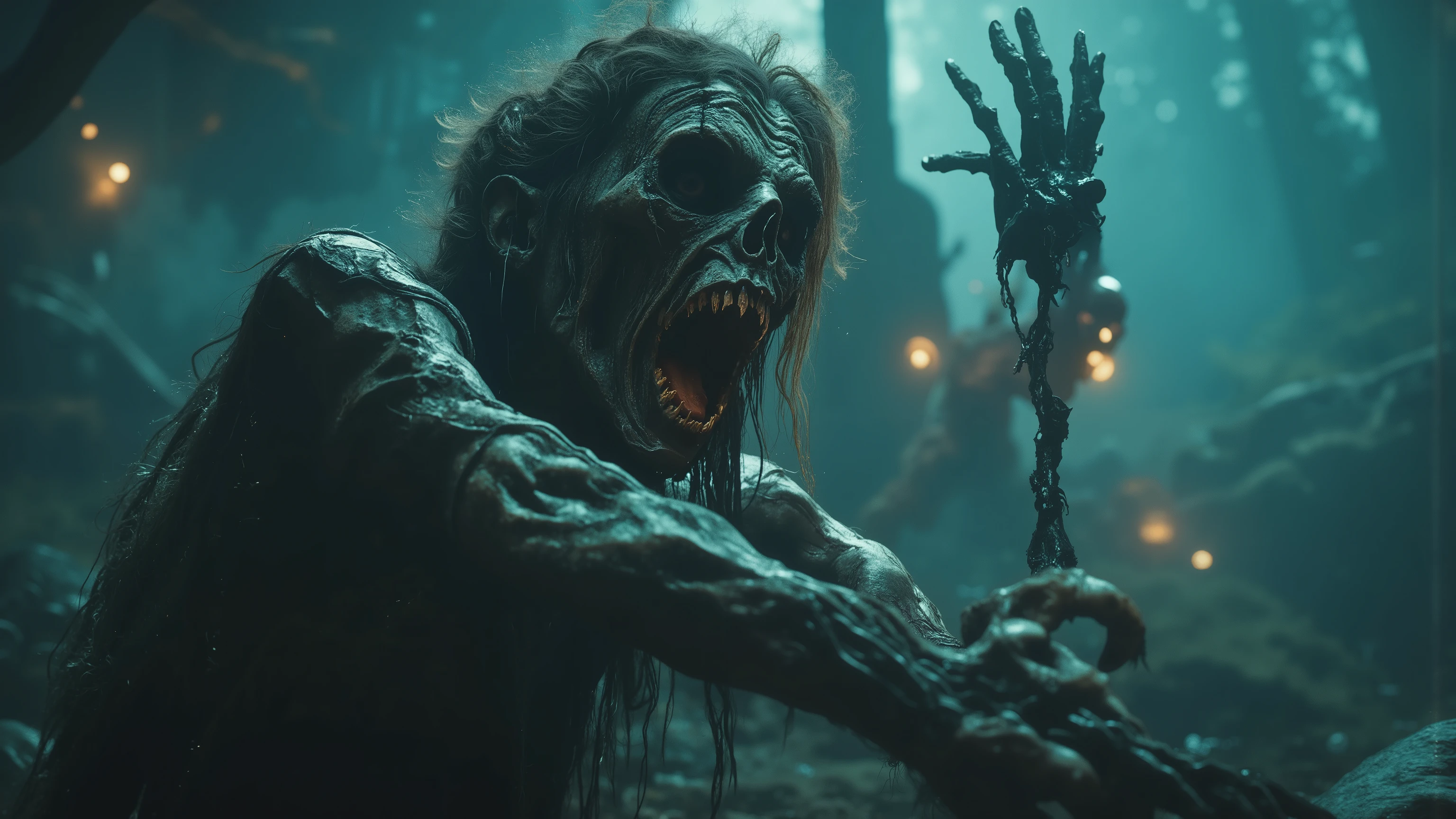 A mysterious figure is pictured with long, tendril-like pieces of matted hair. The scene is bathed in an eerie teal glow, adding to the ethereal atmosphere. The figure's skin is a pale, muted color, contrasting with the vibrant background. Fingers are very elongated and slightly curled, giving an impression of a reaching gesture. The lighting accentuates the texture of the figure’s skin, highlighting a series of intricate, organic patterns across its surface. In the background, two floating, bioluminescent entities with otherworldly glowing skull-like faces add to the surreal and unsettling mood of the composition. The scene evokes a sense of the unknown, capturing the viewer's attention with its strange, dreamlike qualities and the soft, diffused light that casts subtle shadows and illuminates the foreground. Ultra-realistic, photo-realistic, ultra-detailed, physically-based rendering, spooky, scary, startling, bizarre, creepy creepstyle, strange station, wired weirdcore, backward reflections, macabre, dark fantasy art, surreal elements, hypersensual, provocative,graphic, explicit, disturbing content, cinematic photography, cinematic portrait, hyperrealism, sensual suggestions,unsettling atmosphere, masterpiece