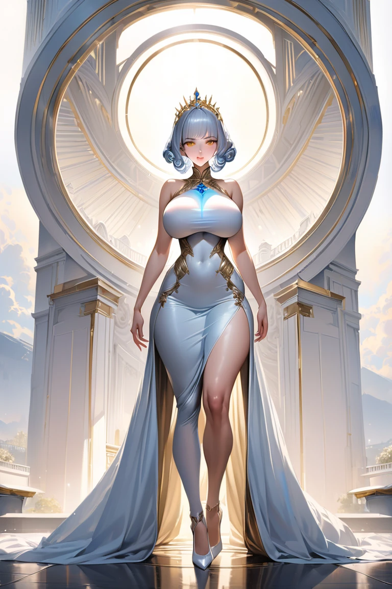 a beautiful short blue-haired girl wearing an elaborate egyptian queen's costume, sexy white egyptian dress with colored striped fabric hem, beautiful naked thighs, full body view, short hair, golden eyes, in the style of an egyptian golden cat, white background, photorealistic, 8k, high quality, detailed, vivid colors, dramatic lighting, Wearing high gold shoes, cute face is obvious, (blank white background with no other objects) Slim body