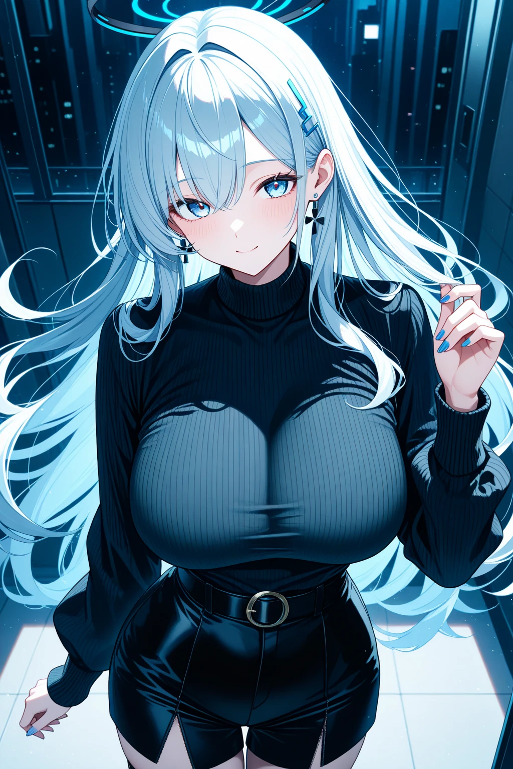 Long Hair, Light Blue Hair, Yellow Eyes, Heart pupils, Cat Ears, Cat Tail, Big Boobs, Wearing Hoodie, Long Stocking, Nighttime, Wearing Black Gloves, Inside a house, stick out the tongue, Nipples showing