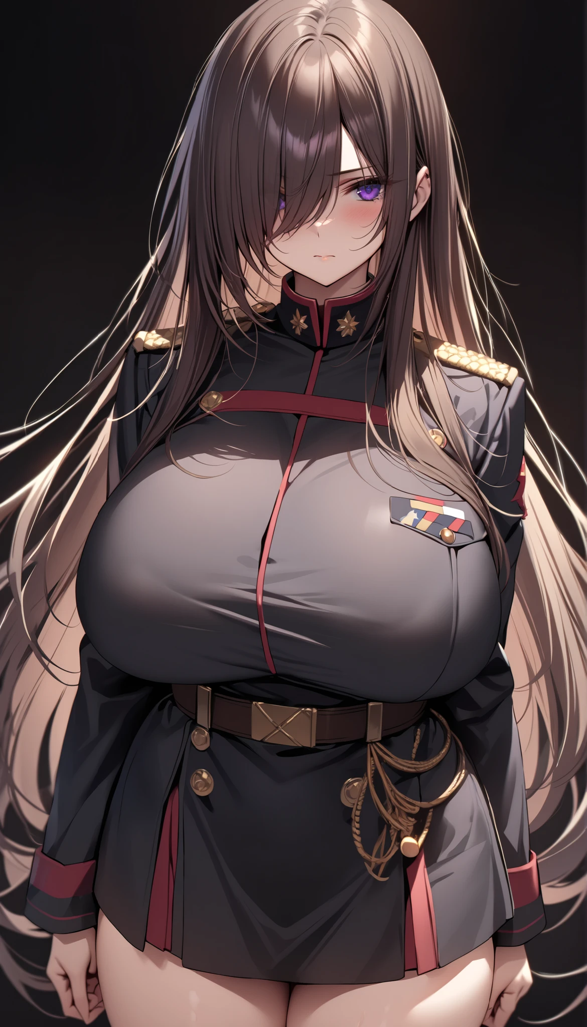 masterpiece, best quality, highres, aanitta, (very long hair), (black peaked cap), earrings, big breasts, cleavage, muscular body, military uniform, epaulettes, badges, (black shirt:1.2), (gold trim), (bulletproof vest), (red ascot), black sleeves, long sleeves, (black cargo pants), utility belt, (belt pouches), cargo pants, (white gloves), cowboy shot, (serious facial expression), facing the viewer, looking at the viewer, (simple dark background)