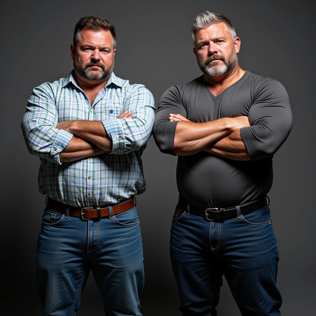 2 big Vietnamese dads with gray hair, mature face, a thick mustache, a short chin beard, muscle bear body, wearing a massive bulging jockstrap standing at the working room, have belly, big muscular chest, a sexy pose.