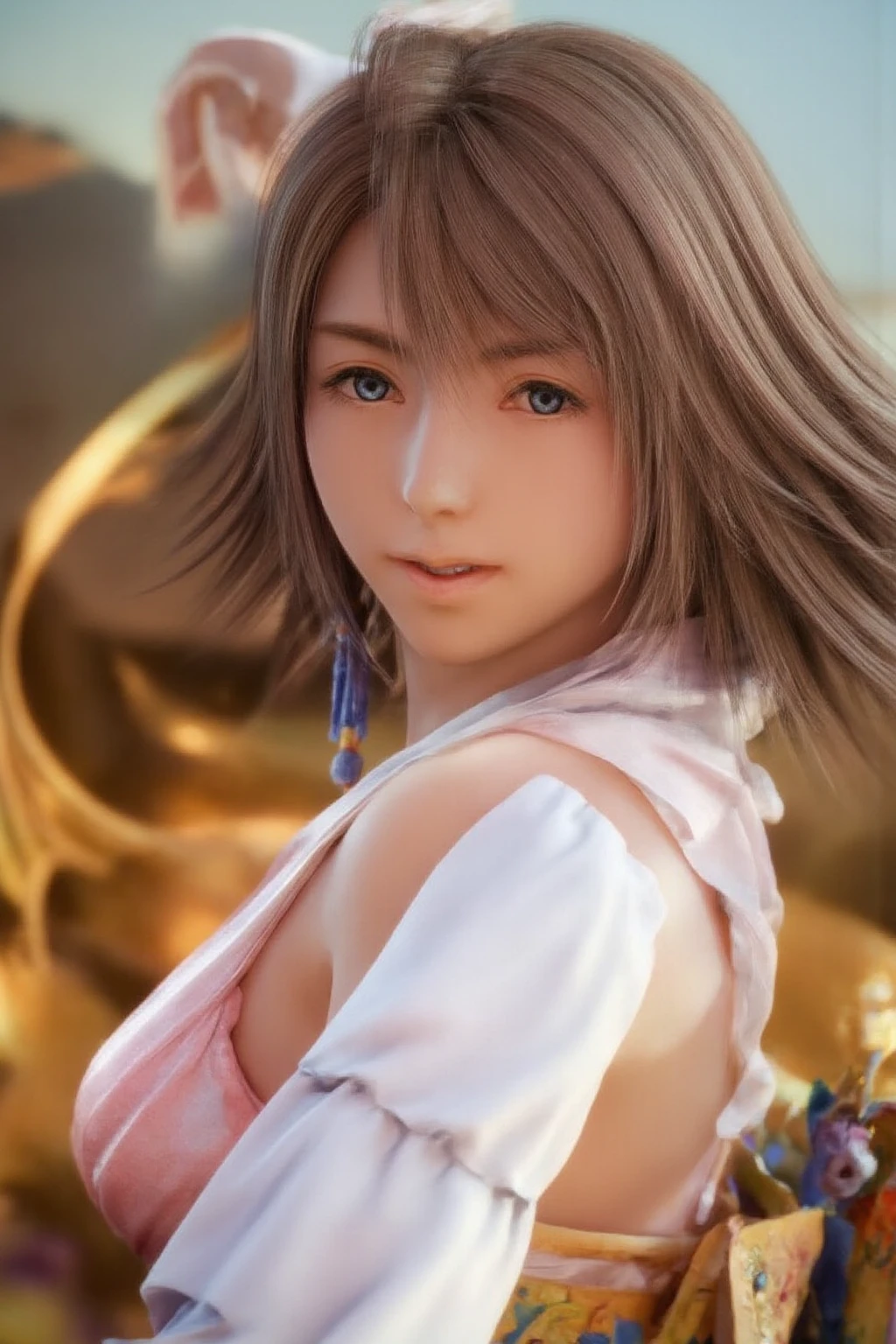 (masterpiece, best quality:1.3)
YunaFF10,  1girl, solo, looking at viewer, smile, short hair, blue eyes, ?????, brown hair, hair ornament, jewelry, yuna (ff10),  ????? portrait, ???? photography,  shiny ??????, show armpit 