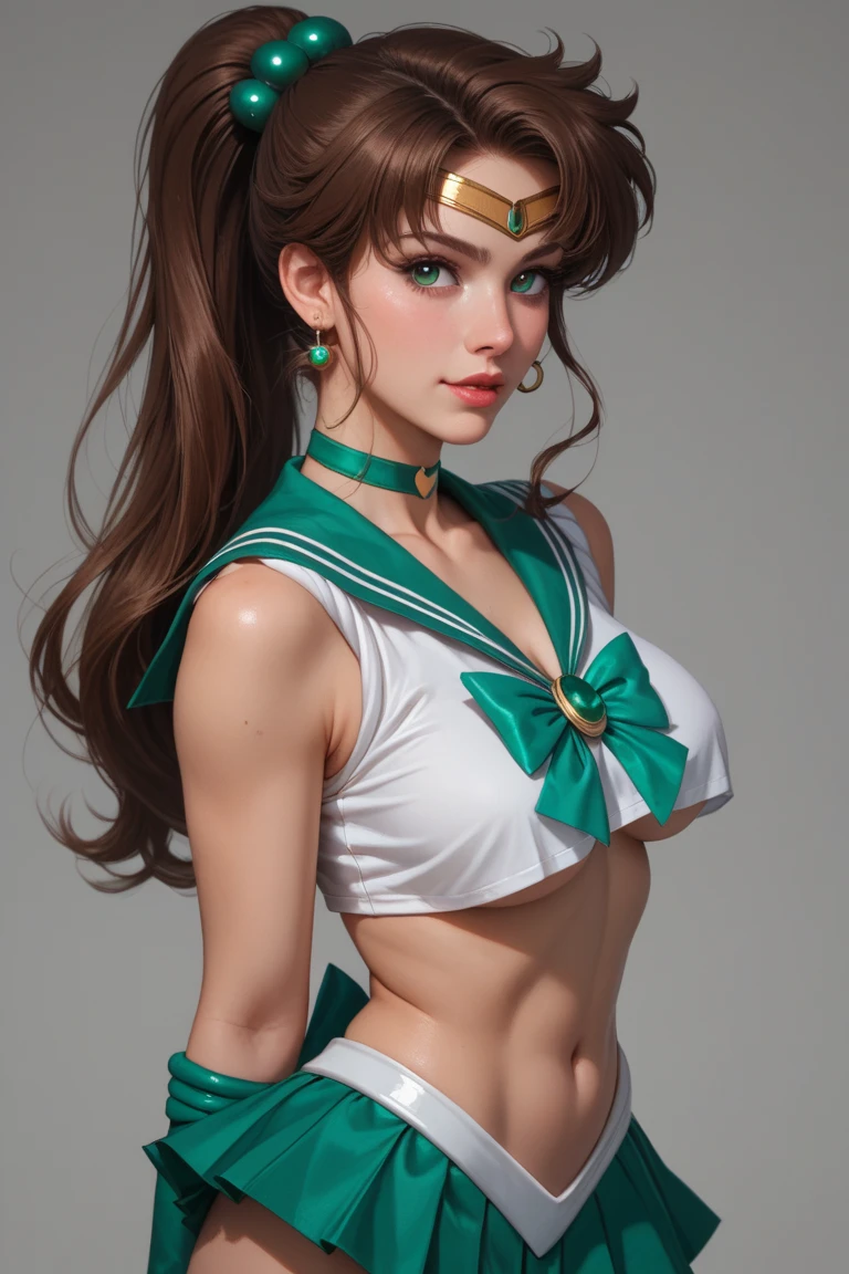 (1girl, solo, masterpiece, 4k, best quality:1.2, ((cowboy shot)), best quality:1.2, NICE HANDS, COLORFUL, (perfect hands, perfect anatomy)),
hmjupiter, green eyes, ponytail, tiara, jewelry, sailor senshi uniform, ((green sailor collar)), choker, elbow gloves, white gloves, pink bow, brooch, white leotard, green skirt, pleated skirt, ((medium breasts, big hips, looking at the viewer, (cleavage), tight clothes)), ((tiara)), (((MATURE WOMAN))),
((abs:0.7)), ((simple background, white background))