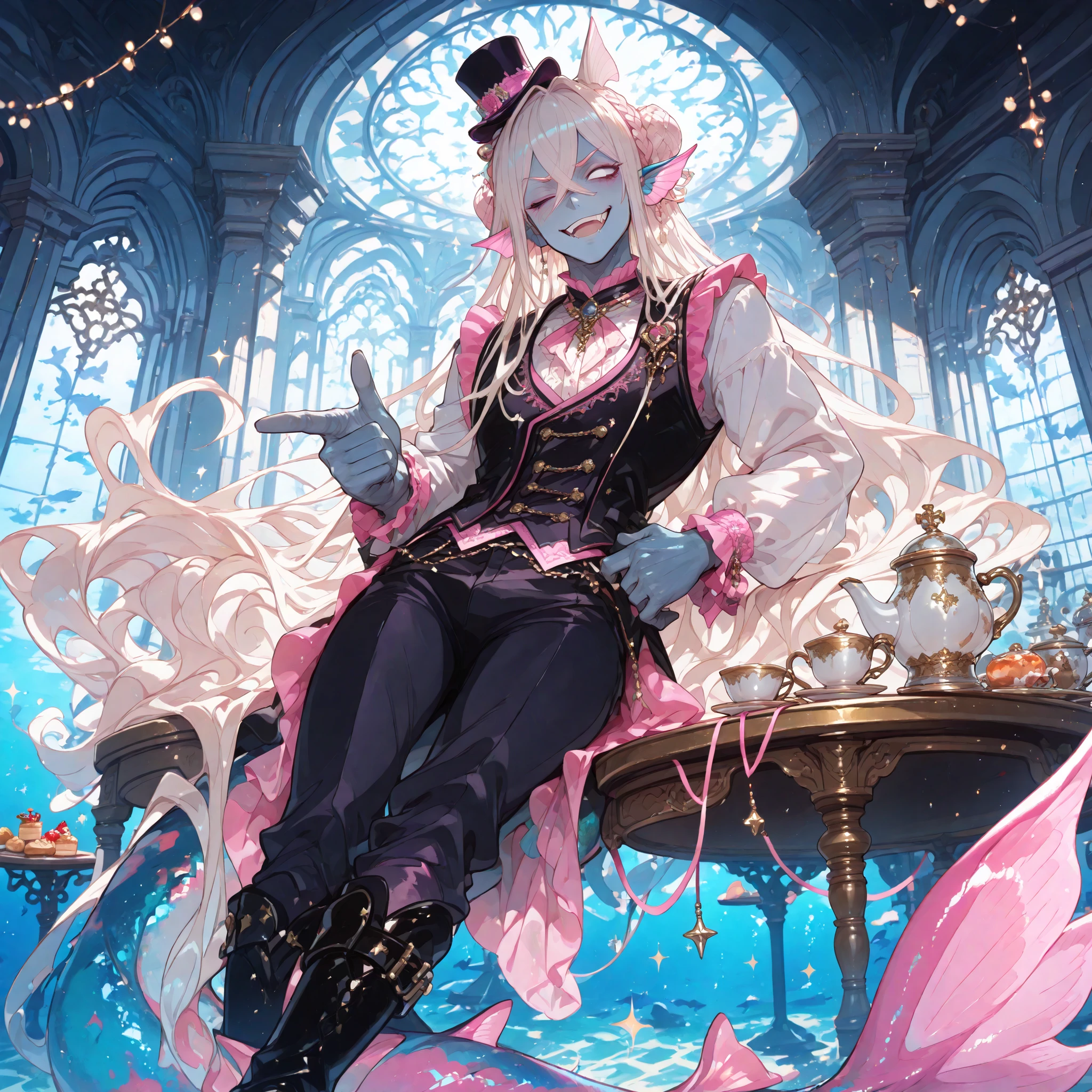 upper body, fixed perspective, (((finger guns to side,))) pointing, hand on hip, graceful closed off posture, smug expression, sparkle effect, (((wink))), cruel amused smirk, haughty laugh, open mouth, 1 (((man))), naiad, (((no pupils,))) (absurdly long wavy white hair), fanged crossed bangs, crown braid, braided bun, (mini top hat,) (blue skin,) even skintone, (((merman ears))), pink ((gothic)) regency fashion, long eyelashes, (((masculine build))), black regency boots, waistcoat, (((long))) [skirt], (((legs)), ((pants))), (((handsome))), (((masculine))), manly, sharp lines, rounded shapes, ultra quality, HDR, 8k, kawaii, cel shading, amazing composition, aquatic, underwater, seahorses, seashells, aquatic motifs, royal court, blue ornate architecture, fancy tables, fancy chairs, (((pink string lights))), tea, pastries, tea pot, sunlight