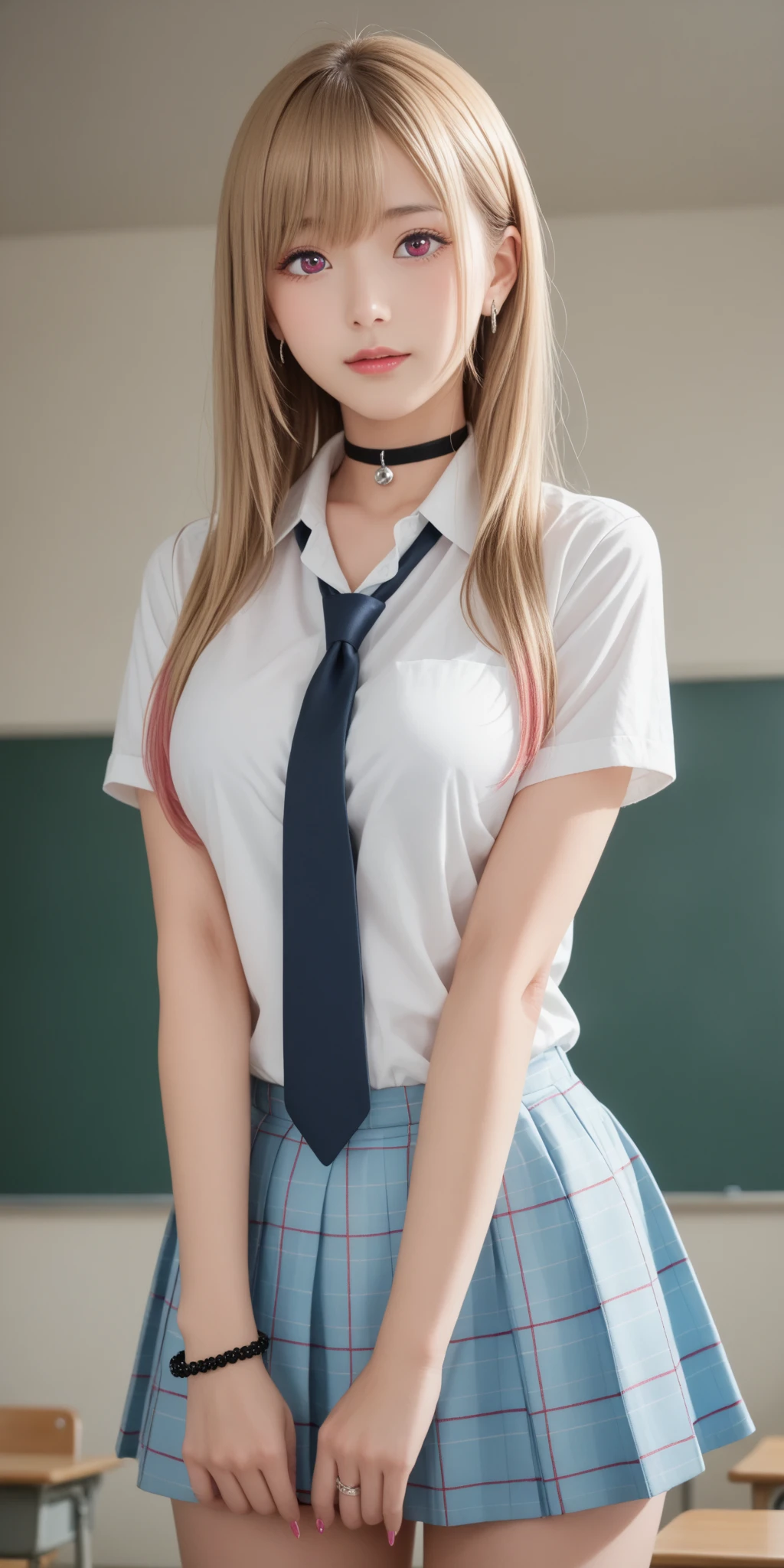 8K, Highest quality, The true picture, Intricate details, Very detailed, Ultra-high resolution, Depth Field,(Realistic,Realistic:1.2),Tabletop , ((Full Body Shot)) , ((length, Thin legs)), nsfw,1 Girl, eye_Chan, Very beautiful 17 year old girl, innocent big eyes,、Beautiful breasts:1.5、Very detailedなeye:1.2)、(Beautiful breasts:1.1)、((blonde))、(length long Hair), Asymmetrical bangs, Perfect Skin, Fair skin, Small breasts, Tight waist, alone, Gazing at the audience, (smile)、((School_uniform), (White shirt、Wear a tie), (Blue Check Pleated Micro Mini Skirt), ((Fold your arms over your chest and assume an arrogant attitude)), ((楽しそうなsmile)), ((Perfect hand shape))
