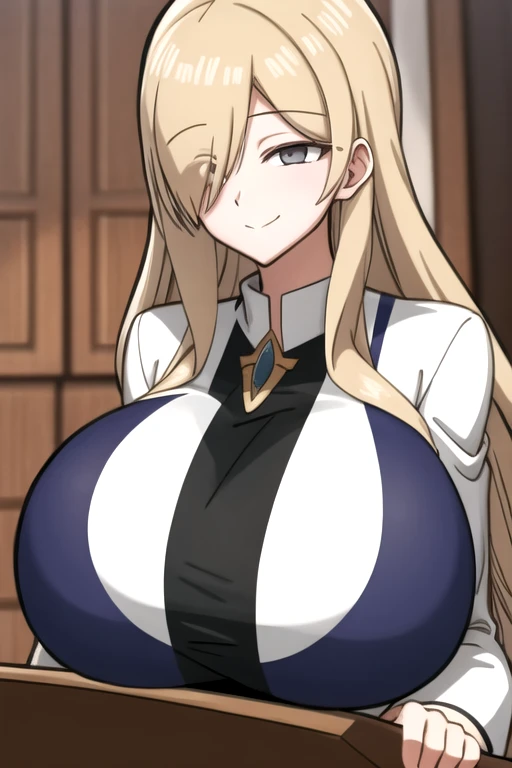 woman, long blonde hair, brown eyes, smiling, black diadem , Black and White metallic armor(golden details), heavy armor, big breast, cleavage, skirt, wide hips, large thighs, anime style, masterpiece, chocker, metallic breastplate,athletic body, holding swords,