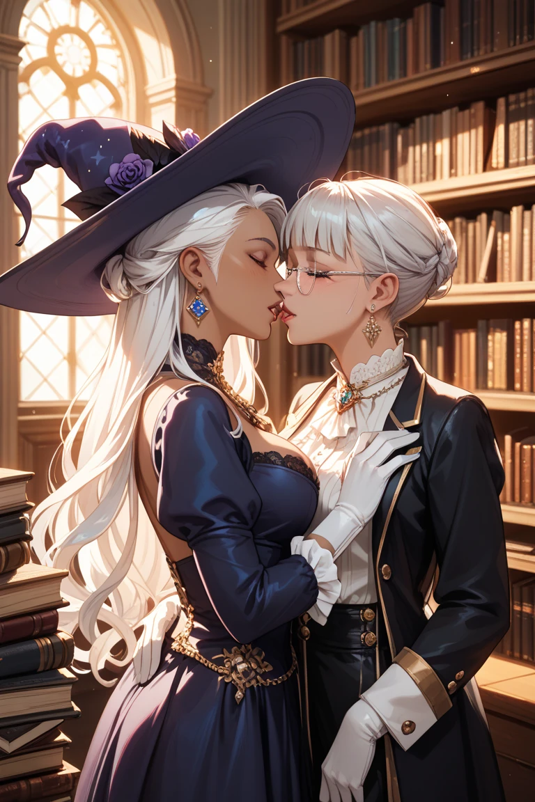 A cute sexy geeky mature female fairy with pointy ears, black-rimmed glasses, purple hair, large smoky eyes and a wicked smile on her face is lying on her back with her arm around a female fairy with no glasses and shaggy blonde hair. They are lying on a huge bed in an ornate fantasy bedroom.
