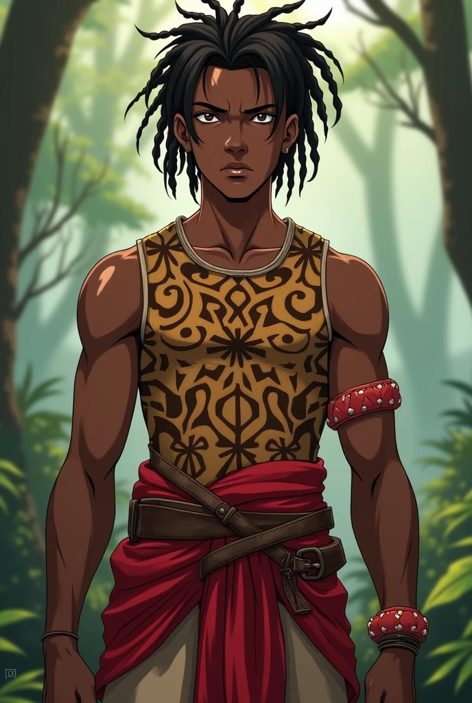 Athletic toned femboy, jungle male with feminine face, dark_skin, brown body, with freckles, dirty face, clean shaved; witchdoctor loincloth, exotic, ethnic; long messy blonde hair, round pantherine ears, feline features, solo