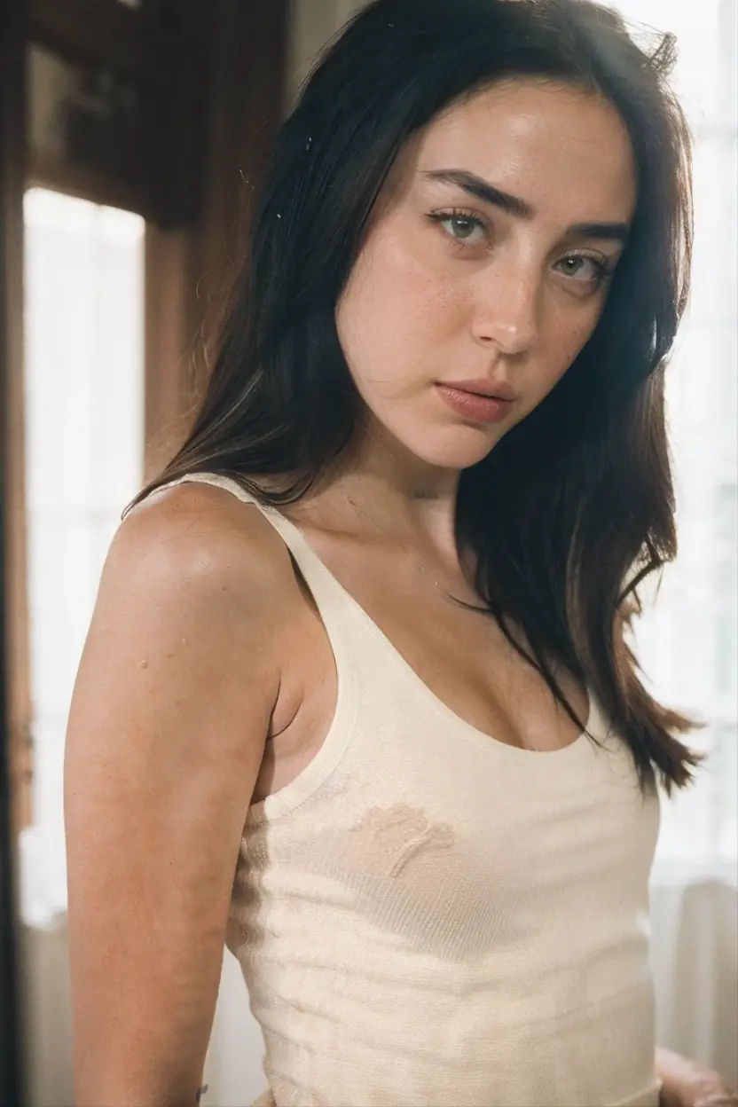 Photo of 1girl, solo, realistic (sympathetic expression), ultra textured skin, goosebumps, black hair half up, half down, white tank top with skinny jeans, group profile, perfect brown eyes, face looking straight into the camera ((hard light:1.4)), color velvia 100, shot on a Cinestill 800T, cameraman Manuela Marques