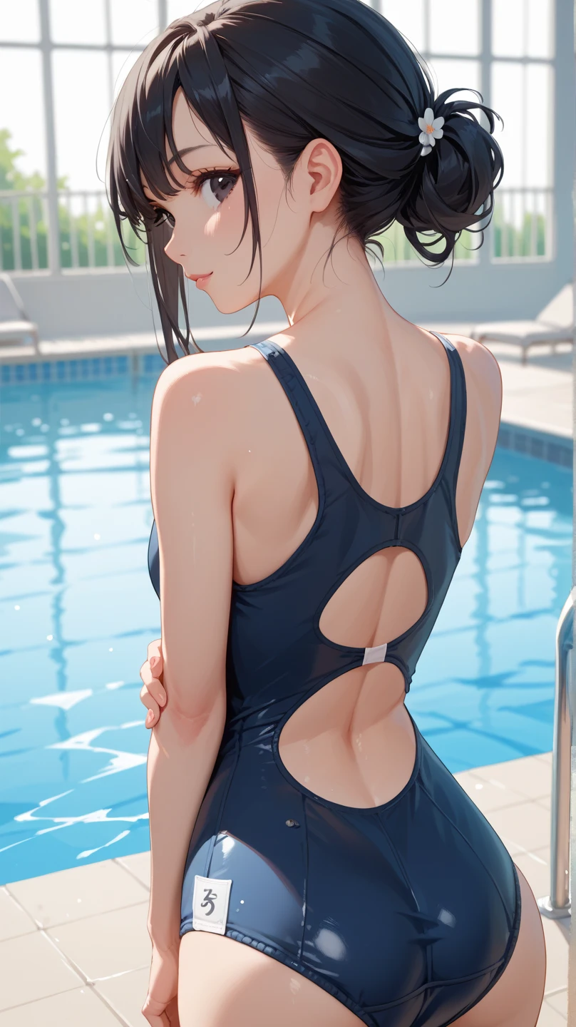 ((masterpiece, best quality)),((highres:1.2)), 1 Girl, solo, Blurred Background, (((Small breasts))), Thighs, (One piece swimsuit), pool, ((hard pose:1.2))