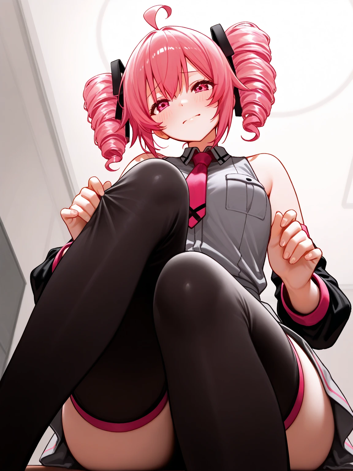 ( 4 diferent girls having sex),4 Girls with pink hair, long twintail hairstyle, ((small bushy eyebrows)), wearing gothic lolita clothing, lolicon , walking to school, flirty smile,, walking to school, bored look, bored face,, (sitting with legs open lifting her skirt to show her vagina wet with semen),1 boy having sex with the girls, scaried young boy