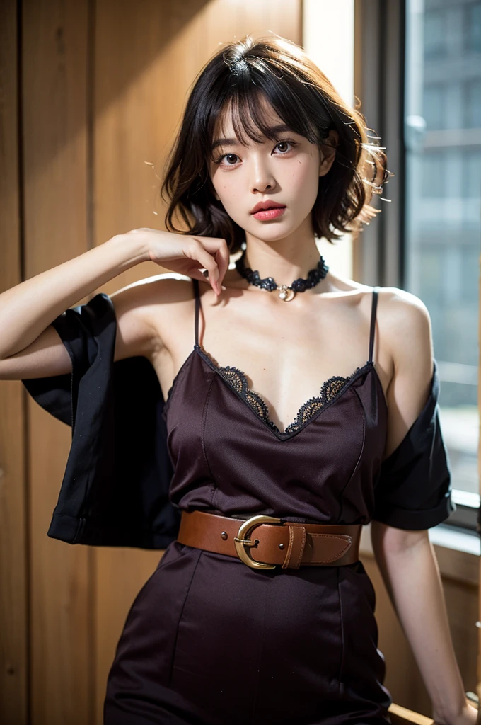(Best quality, 8k, 32k, Masterpiece, UHD:1.2) "Generate a captivating artwork featuring a young Japanese girl model with short, sleek black hair styled in a chic bob haircut. Envision her bathed in dramatic cinematic lighting, creating an atmosphere of allure and mystery. Emphasize a romantic aesthetic vibe, showcasing the model in a poised and elegant pose that evokes a sense of intimacy and sophistication. Utilize warm and soft tones to enhance the romantic ambiance, and consider incorporating elements like flowing fabrics or flowers to add a touch of ethereal beauty. Capture the essence of romance and beauty through the model's expression, the play of light and shadows, and the overall aesthetic, creating a visually compelling and emotionally resonant piece." (perfect eyes), flawless skin, flawless face, cinematic, tight body, ((well-proportion female hands)), ((female hands with five digits))