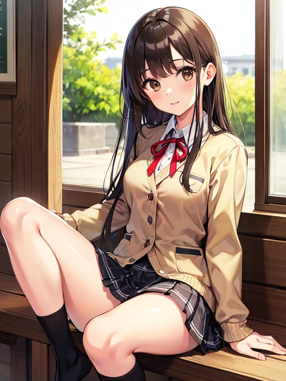 (table top, highest quality, High resolution, , perfect pixel, 4k,), 1 girl, single, alone, Beautiful woman、I could see the whole body、 ((wavy middle hair, bangs, brown hair)), ((brown eyes, beautiful eyelashes, realistic eyes)), ((detailed face, blush:1.2)), ((smooth texture:0.75, realistic texture:0.65, realistic:1.1, Anime CG style)), medium breasts, dynamic angle, perfect body, ((red bow tie, school uniform, black jacket, open jacket,cardigan, white shirt, black skirt, shirt unbuttoned、plaid skirt)), upper grade、shy smile、school classroom、evening、sit at desk、(open your legs、get down on one knee、、white floral lace panties)、