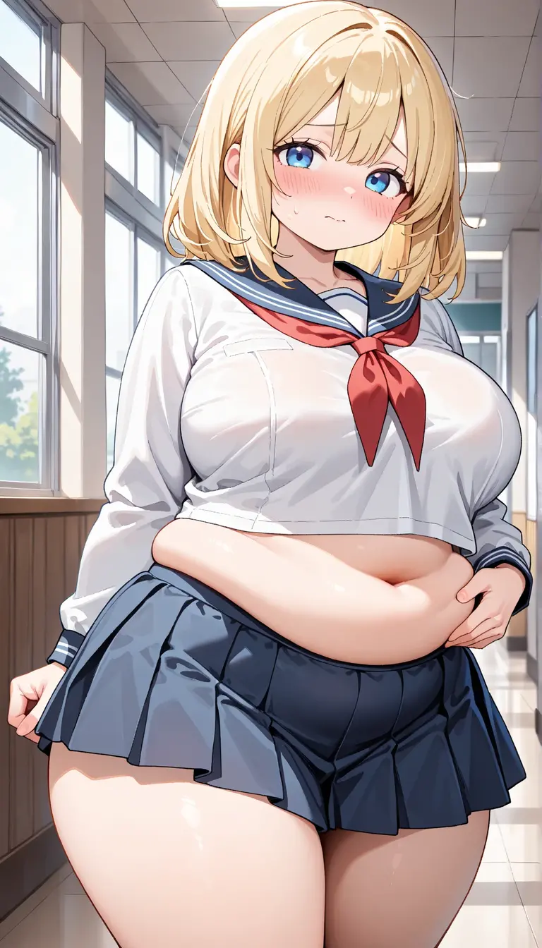 ((Masterpiece)), perfect anatomy, perfect shading, field of depth, (best quality), extremely delicate and beautiful, perfect lighting, detailed face, ultra cute face, cute, (cowboy shot 1.2), looking at viewer, full body, (((1girl))), (((solo))), kitagawa marin
1girl, blonde hair, long hair, multicolored hair, red eyes, (blush), jewelry, earrings, piercing, school uniform, white shirt, tied shirt, black choker, blue necktie, plaid skirt, medium breasts, wide hips, thick thighs, (chubby), chubby belly
indoors, inside, classroom, open smile, pose, desks