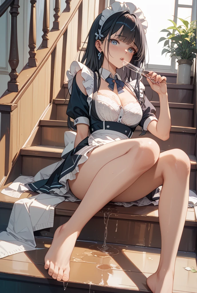 Pee your whole body from the front、Urine、the whole body is wet、1girl in, Toilet room, Sweep the urinal, kneeking, sponge, raunchy, pee, rubbish,, masterpiece, top-quality, ighly detailed、maid clothes、Bob hair Dark blue hair、White liquid all over the body、Yogurt all over the body、blue eyess、barechested