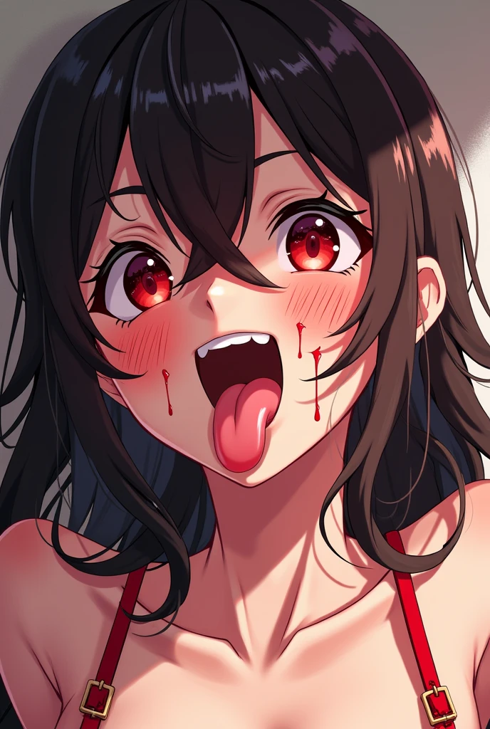 (1girl, reisen udongein inaba, Touhou), purple hair, beautiful detailed eyes, red eyes, half-closed eyes, (opened big mouth, licking, Sticky tongue), nsfw, (close-up mouth), (curvy, Slender),(cleavage), from above, Highest quality, Super detailed, masterpiece, Ultra-high resolution, 8k, Embarrassing, blush, Lovely, (With tears in my eyes), Sticky saliva