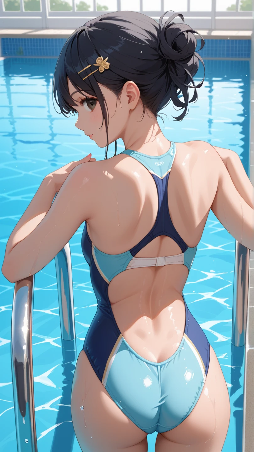 (highest quality、High resolution、detailed background)、(Highly detailed beautiful face:1.4)、anatomically correct、cute teenage girl、(three women)、brown hair、cute hair color、braided bob、bob cut、braided ponytail、(huge breasts:1.2)、realistic、perfect body line、thick thighs、Attractive big ass、healthy body、cute gesture、cute、cowboy shot、
(Three beautiful girls wearing thin, see-through school swimsuits are standing side by side with their backs to each other in the school pool。:1.5)、
(Close-up angle、close-up underwear from below), from below、Low - Angle、looking at me with cold eyes、troubled expression、
Highlight your attractive buttocks、Emphasize feminine silhouettes、Stretch material makes your body line look beautiful、Accentuate your attractive big butt、Swimwear that is wet and sheer、Sexual buttocks、healthy charm、wet with water、my hair is wet too、cute gesture、cute