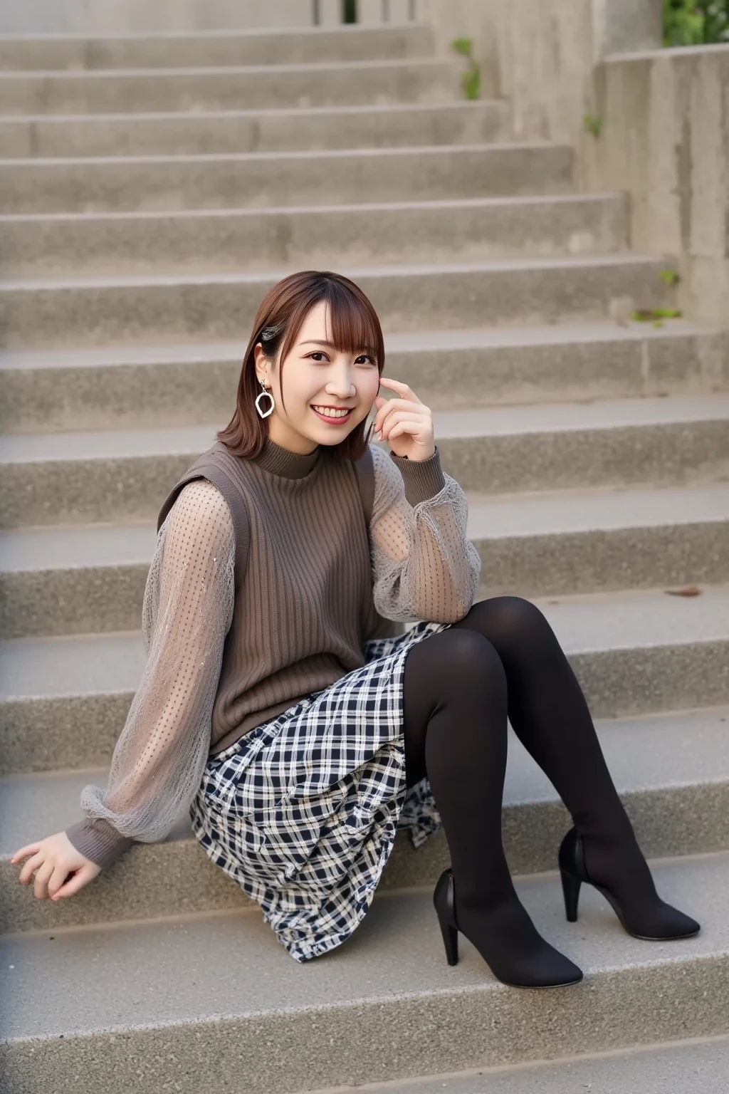 8K UHD, DSLR, Film Grain, Fujifilm XT3, (Best Quality: 1.3), (Masterpiece: 1.1), High Resolution, Cinematic Light, Intricate Detail, (Photorealistic), Outside, Beautiful Outside, Sunny, Japan Girl, Full Body, (Cafe: 1.5), Dimples, Bob Cut, Watch Viewer, Detailed Wood, Ribbon, Bow Tie, Bare Shoulders, ribbed sweater, pencil skirt, high waist skirt, antique chair, sitting, indoor, necklace, black pantyhose, seat transport sweater, (smile), slender, brown hair, bob hair, sagging eyes