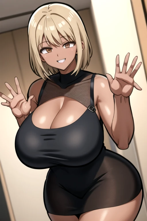 Venusbody, (1woman:1),, wide hips, huge thighs, (thin waist:1.6), (huge breasts:1.4), clothed, navel, (cleavage:1.4), covered nipples, seductive smile, pencil dress