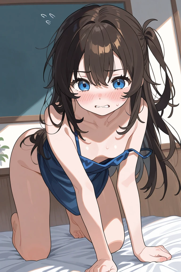 (highest quality), (masterpiece), 1080p, hd, 4k, 8K, embarrassed, ((school uniform)), classroom, bare shoulders, ((cleavage)), strap slip, breasts blowjob, between breasts, paizuri, breasts, breast squeeze, open mouth, fang teeth, panicked face, exposing nipples, Light Blue, ((super ultra micro bikini)), small breasts, Photographed from directly above, long black hair, twin tails, thigh high socks, 18-year-old,
