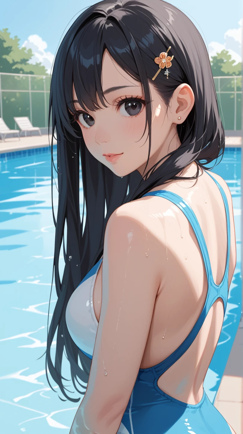 woman,whole body,calm,smile,bathing,delicate,Swimwear,Black Hair,