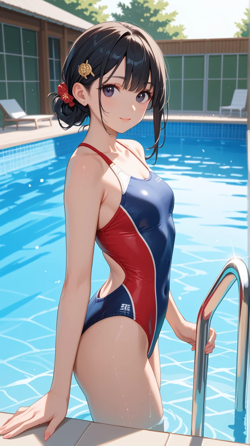((Best Quality)), ((masterpiece)), (detailed), 1 girl, recharging on wall, open leg, standing, red swimsuit, landscape of a swimming pool,((Whole body)), ((view from behind))