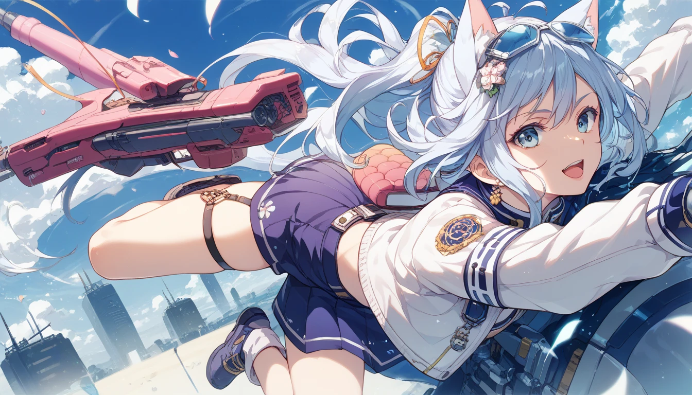 masterpiece, best quality, depth of field, motion blur, lens flare, symmetry, muted color, high contrast,
full body, wide shot,
(1girl:1.2),white hair,long hair, aqua eyes, glowing eyes, hair ornament, cat ears, flying, floating, floating hair, white serafuku, sailor collar, long sleeves, pleated skirt, white thighhighs, arms up,
@_@, tears, tearing up,
(explosion:1.2), missile,
sky, cloud, from above, ace combat, science fiction, sci-fi, digital, spacecraft, aircraft, fighter jet, galaxy, space,