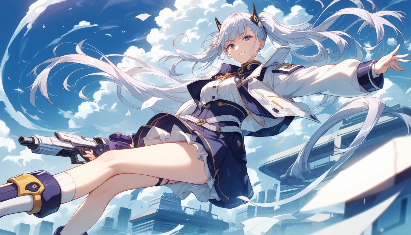 White hair blue eyes city ponytail firearms one girl over the knee socks high quality smiling dragon clan