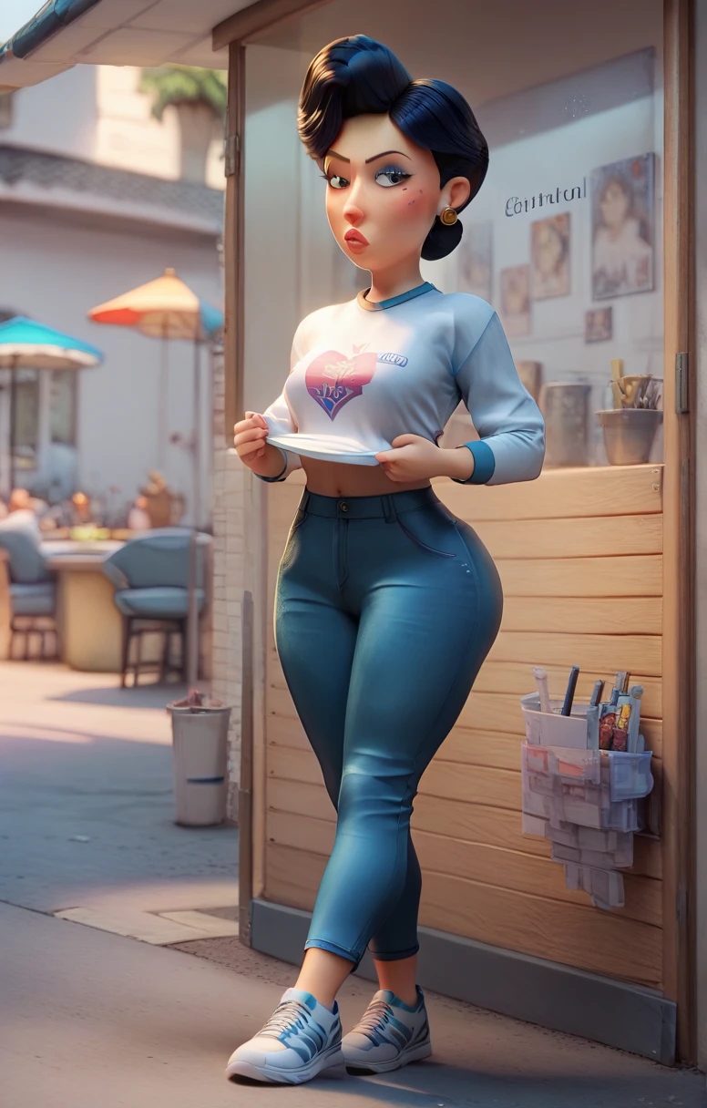 A Disney Pixar-inspired movie poster with a bit of "madeirada".Featuring on the poster the image of a light brunette woman, short black hair, fleshy mouth, big eyes, thin waist with big ass of thick thighs,, de saia mostrando a calcinha azul claro sentada sobre colo de homem moreno e forte sorridente ema uma caminhonete antiga.The scene focuses on the expressions of the characters, Vibrant colors and detailed textures that are characteristic of your animations