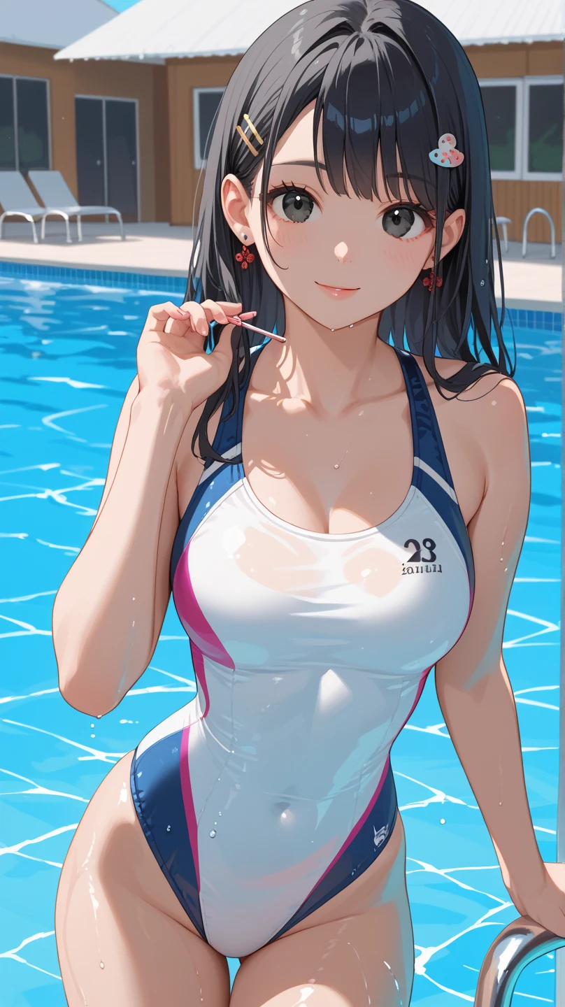 realisticlying、16 year old girl with butt sticking out(1 shiny skin.4)、I'm sweating、Wearing a white competition swimsuit，Smile，Cleavage emphasis，Face Real，lips a little red，cheeks a little red，A sexy，Indoor pool