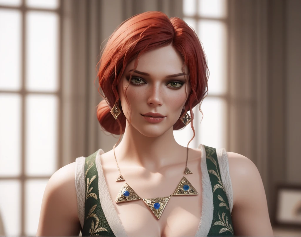 A cowboy shot of Triss with brilliant eyes wearing an elaborate green dress with deep cleavage at a formal medieval ball