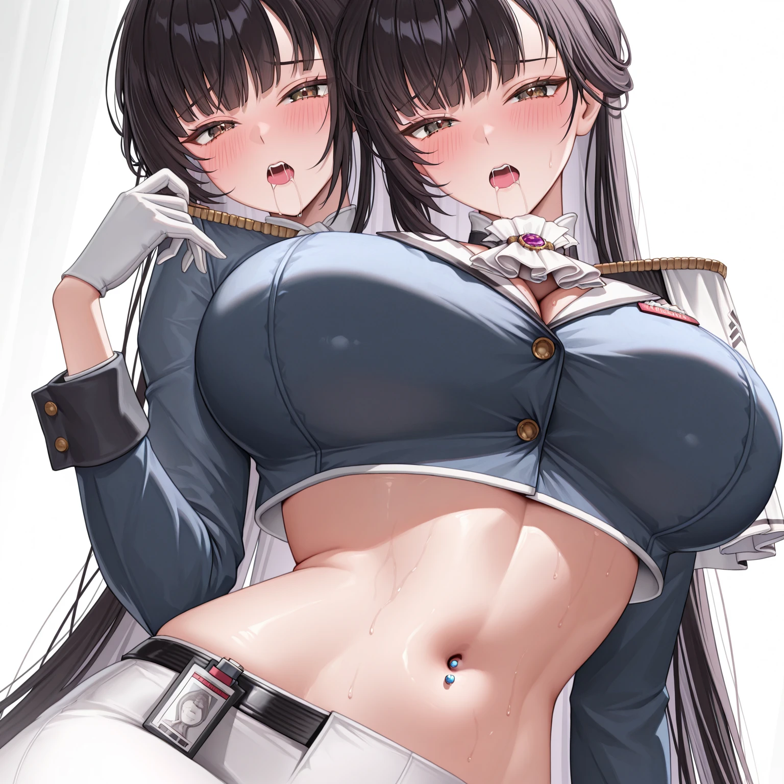 High detailed, 1 girl, kashino, Brown hair, Green eyes, busty, plump round breasts, deep cleavage, firm chunky body, white shirt, , deep cleavage, Juliet sleeves, pencil skirt, black thighhighs, white gloves, tall, smiling