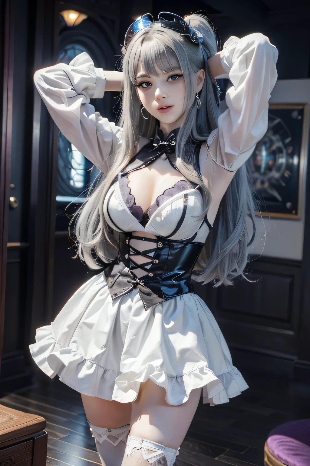 maid cafe, stockings, cat ears, (maid costume:1.2), bed, sleeping, choker, bowtie, (pleated skirt:1.3), lora:shirtliftALORAFor_shirtliftv1:1.5, lora:breastinclassBetter_v141:.5 , extremely detailed eyes, extremely detailed face, cute, (photorealistic:1.3), sexy lips, seductive smile, double eyelids, eyelashes, pale skin, perky breasts, full body portrait, textured skin, 4K, RAW, best quality, sharp, hyper realistic, tall, (long slim legs:1.2), (thigh gap:1.2), blush, delicate and beautiful girl, 1girl, solo, (stunningly attractive:1.3), (dramatic:1.2),(masterpiece, best quality, ultra detailed, 8k, RAW photo:1.2), (Unreal Engine, photorealistic:1.1), (beautiful detailed face, a photography of a beautiful girl), (cowboy shot:1.2), (looking at the camera:1.1) BREAK (1girl), (full body:1.2), (beautiful hair), (extremely detailed CG unity 8k wallpaper of a girl with kawaii hairstyle and white marble glowing skin and perfect symmetrical pretty face:1.3), (blue hair:1.3), (sad:1.2), soft light, (over 12 years old, under 20 years old:1.2) BREAK ), gigantic breasts from azur_lane, (cleavage:1.2), (sexual pose:1.3) BREAK (on the coffee shop:1.3), (see the persons:1.2), (looking from behind:1.2), taken by Canon EOS, SIGMA Art Lens 35mm F1.4, ISO 200 Shutter Speed 2000