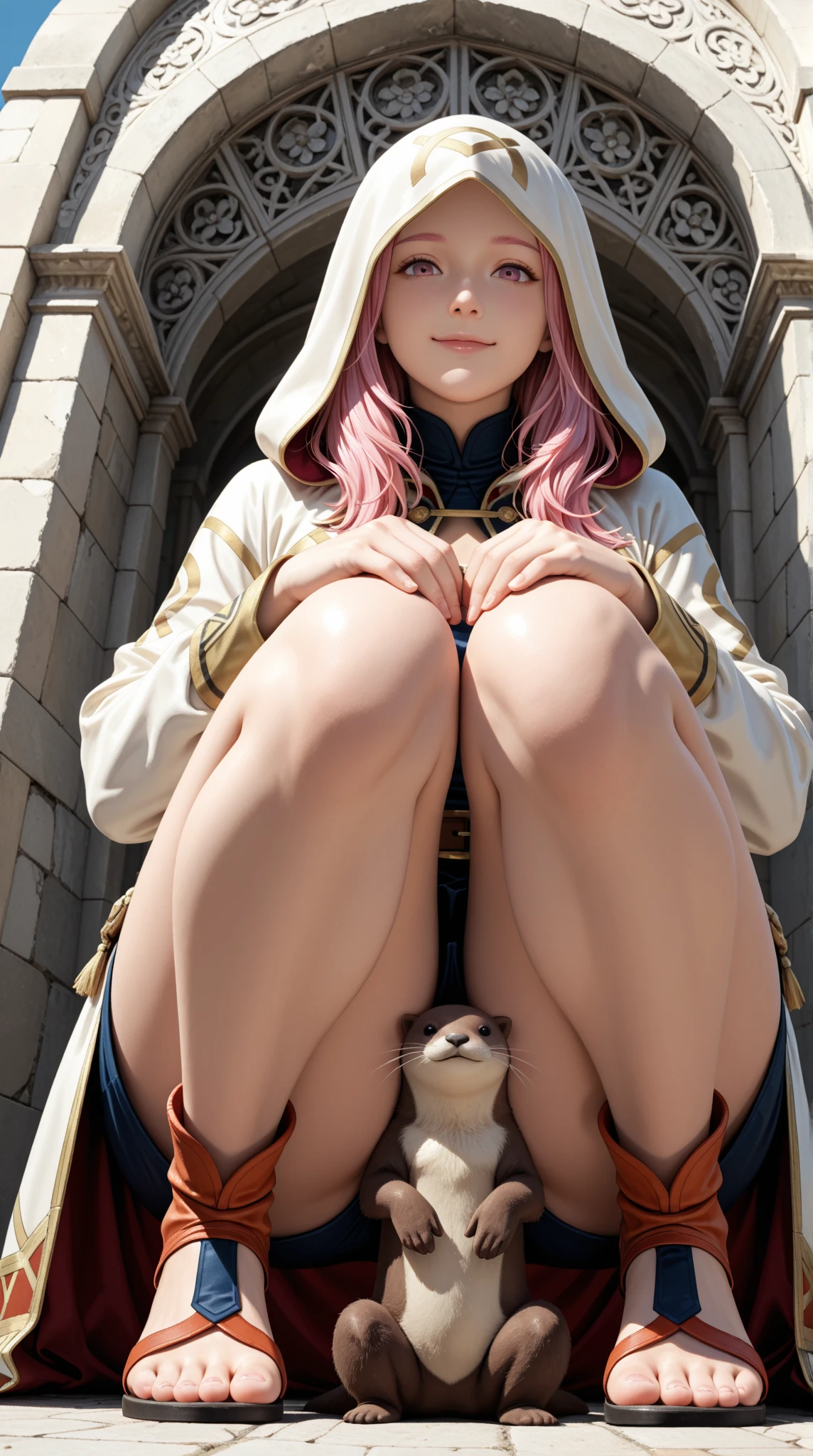 (masterpiece, best quality:1.1), mage (dq3), 1girl, solo, short hair, pink hair, red eyes, witch hat, gloves, medium breasts, boots, cape, staff, black socks, witch, simple background, (nude), squatting and open legs, (butterflypussy1), (closed pussy), (rear pussy)