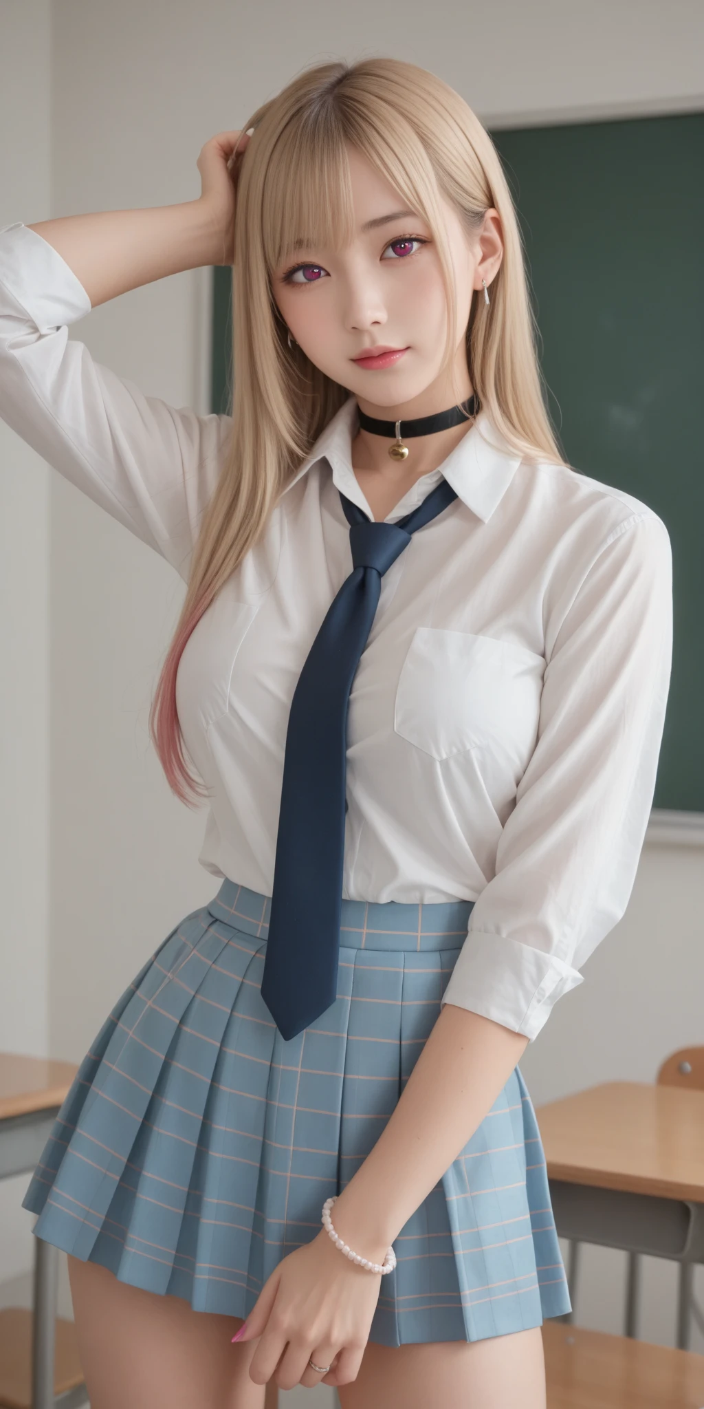(Girl sitting on classroom chair,crossedlegs)、porate、bright expression、young and shiny white shiny skin、Best Looks、ultimate beauty girl、The most beautiful platinum blonde hair in the world、Shiny light hair,、Super long silky straight hair、Beautiful bangs that shine、Sparkling crystal clear and charming blue eyes、Very nice and lovely 16 year old girl、Medium bust、(Uniform dark blue flared skirt)、(up skirt)、((No bra))((Hide with both hands,))