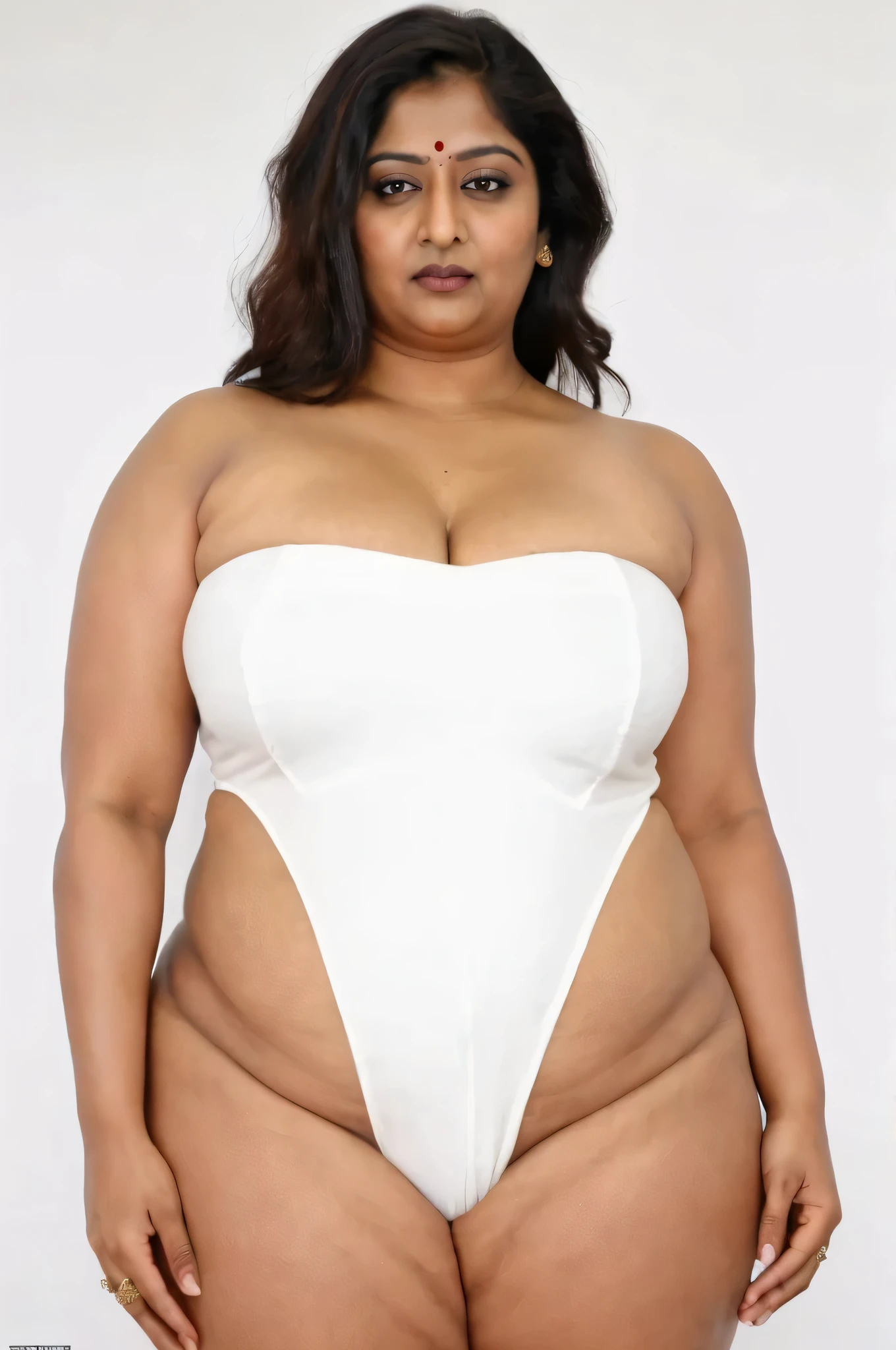 a mature woman in a white May branco de organza transparente walks down a runway, curved, Curvy Nicki Minaj, curvy hourglass figure, curved. detailded, curvy figure, corpo curved, thick body, hourglass figure, voluptuous body, curved. detailded expression, voluptuous figure, wearing transparent white leotard, May, Broad Hips, plus size, sexy mature woman around 50