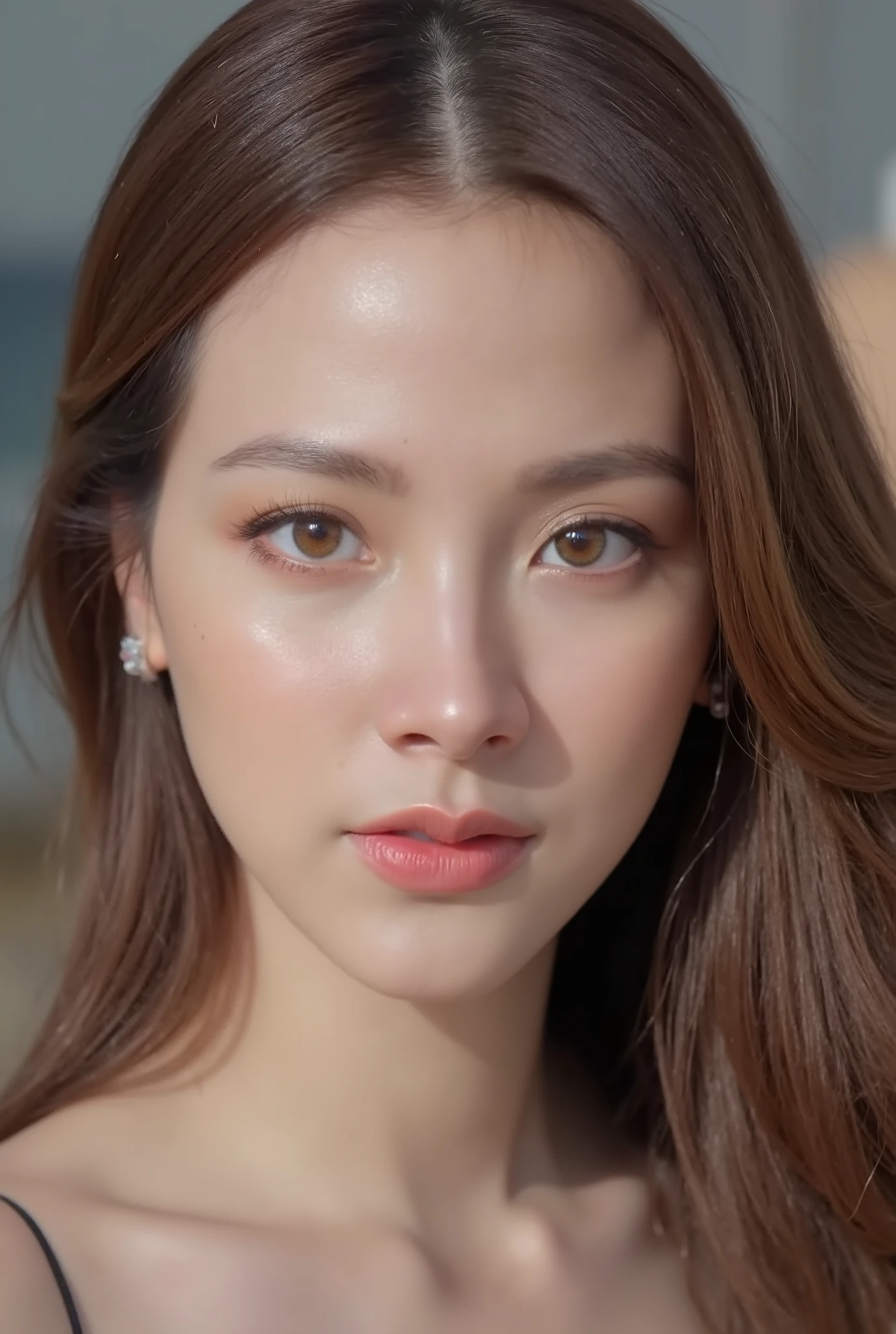 Student fashion — Thai woman, slim figure, long hair, Curly brunette standing by the sea, showing off bare skin Nudeกาย body, big breasts, pink tits, Doll , flat stomach, Sexy lines , smooth-shaved vagina. her posture and face are sensual and provocative, Nude, Nudeกาย.
