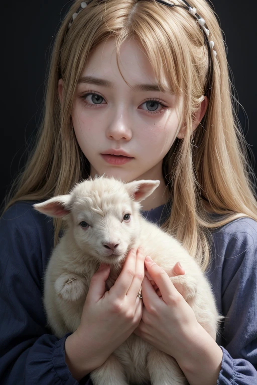 straight angle, big black eyes, smile, pretty and cute 16 year old girl, pale white skin, rosy cheeks, very long messy brown hair, look innocent and beautiful, holding sheep, at dawn, hill, flock of sheep