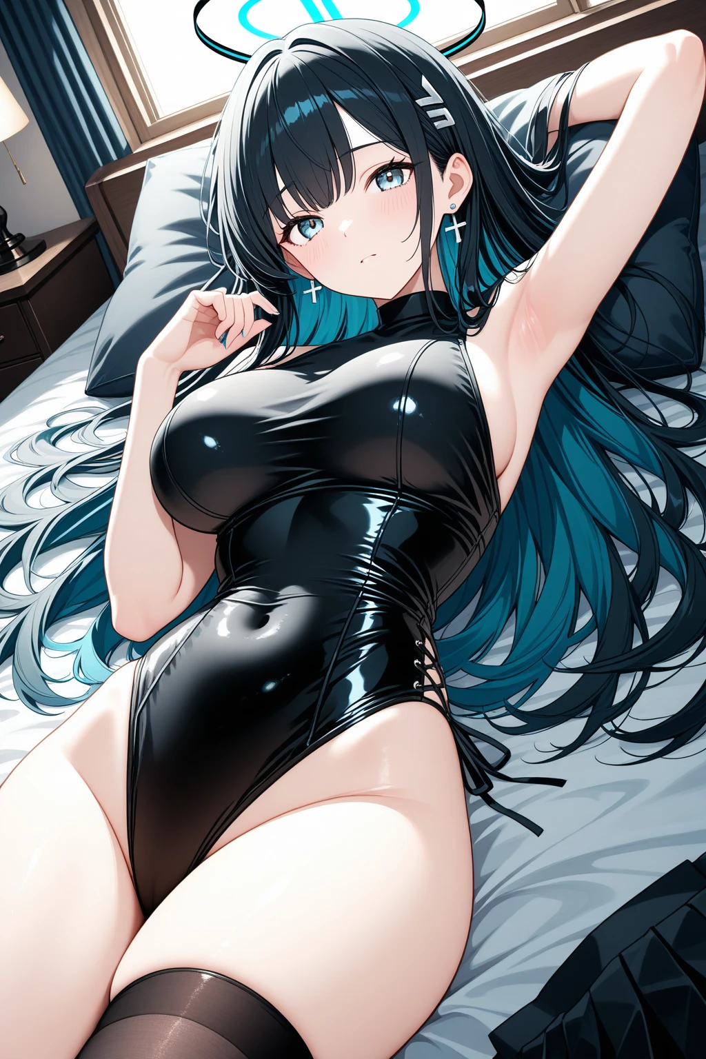 巨作, highly best quality, High_resolution, Fine details, an extremely detailed and beautiful, Distinct_image, 1 girl, , Blue-haired,red-eyed, (gigant breasts), (titts),Curve,Full body,anime - style image of a woman in a latex outfit laying on a bed, seductive anime girls, beautiful alluring anime woman, Beautiful Anime Girl, attractive anime girl, small curvy loli, Anime Girl, Chic, beautiful alluring anime teen, very detailed Artgerm, Anime Girls, beautiful anime woman, sexypose, ilya kuvshinov landscape