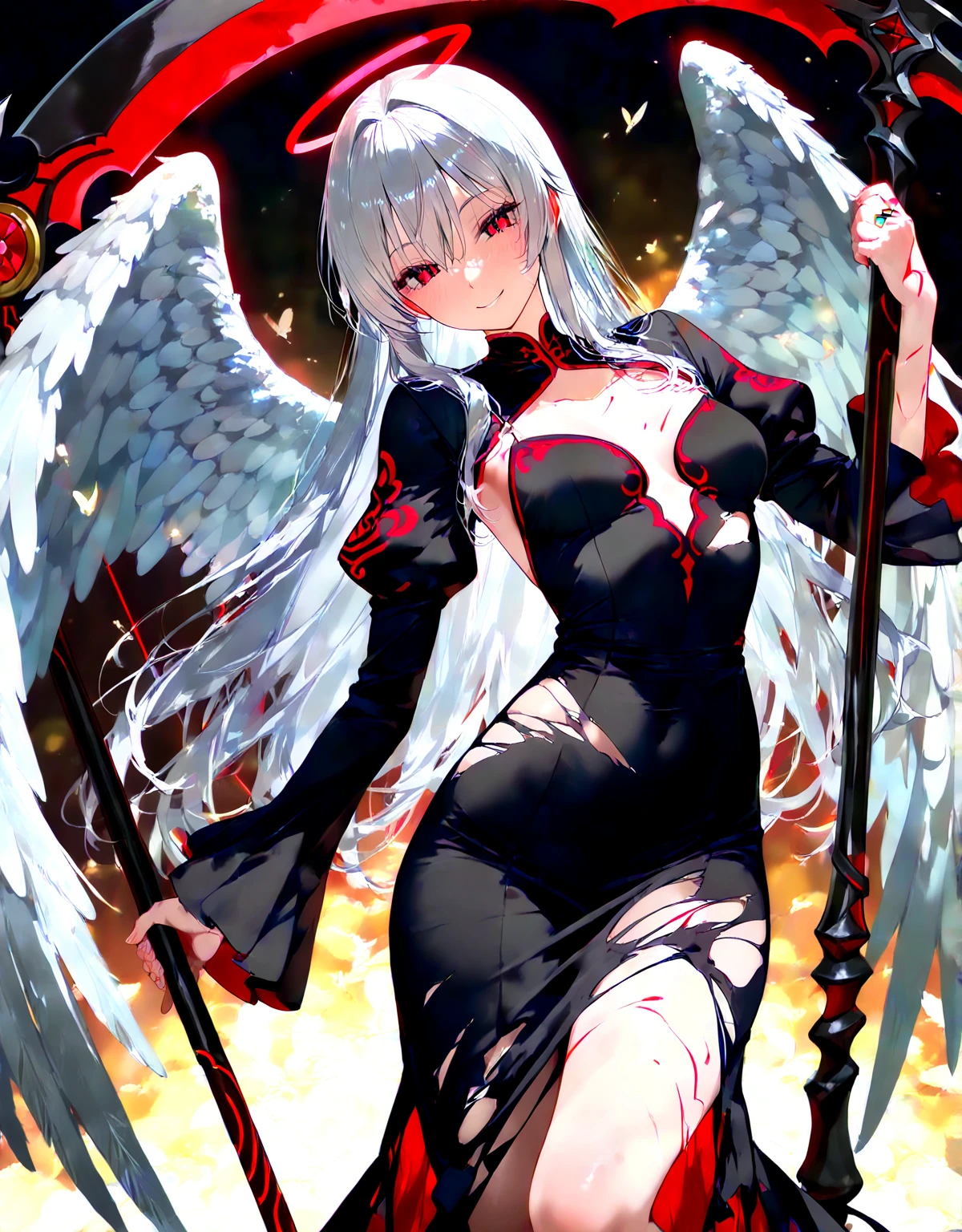 Black and white and blue and red,(highest quality, Super detailed, High resolution, Highly detailed CG),Wide Shot,Dead angels standing on the edge of a cliff,She is very beautiful,She loves blood and the sea,Rain of blood, Mysterious,Enthusiastic, complicated, Surreal,delicate
