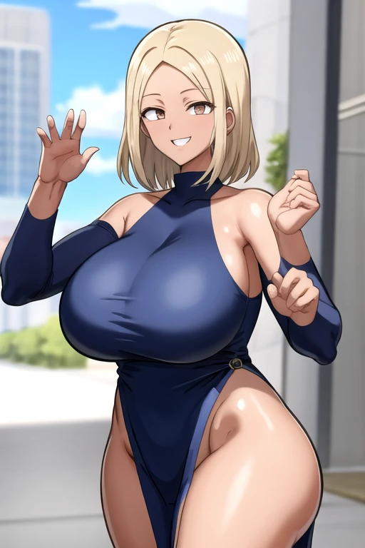 Shuz, (1woman, solo:1) (masterpiece, best quality, ultra-detailed:1.8), wide hips, huge thighs, (thin waist:1.4), (huge breasts:1.6), cleavage, clothed, covered navel, huge nipple bulging in clothes, seductive smile, cityscape, pencil dress, pulling clothes down, undressing, flashing breasts, opening clothes