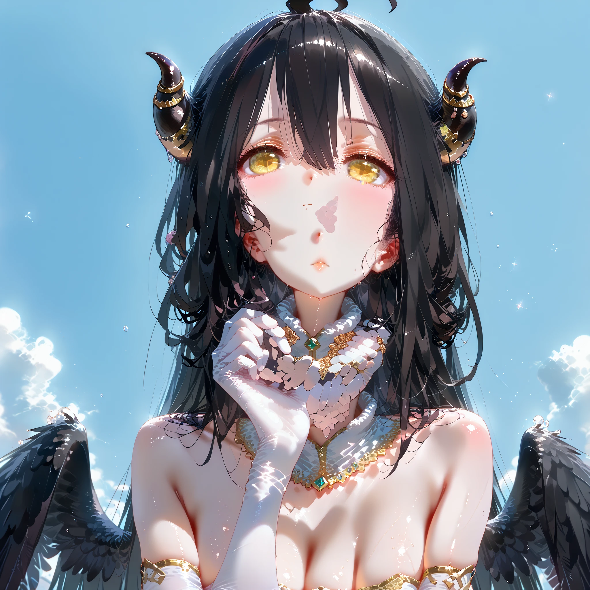 Top quality, ultra high resolution, (photorealistic: 1.4), attractive face. Model face. Thin. Bikini, beautiful details, brown hair. Big tits. Miniskirt. Earring. On the back large wings. Brown hair in braids, long braid hair, brown hair in braids, black feathers on the back. Black wings. Black plumage. Devil's wings. Close one’s eyes. Close your eyes and kiss. Close your eyes. Close your eyes and kiss. Pressing for a kiss. Kissing face. Embarrassing face. Blush. Kiss embarrassedly. Troubled face. Troubled face. Troubled look. Perspective from above. In the room. Cross your arms.
