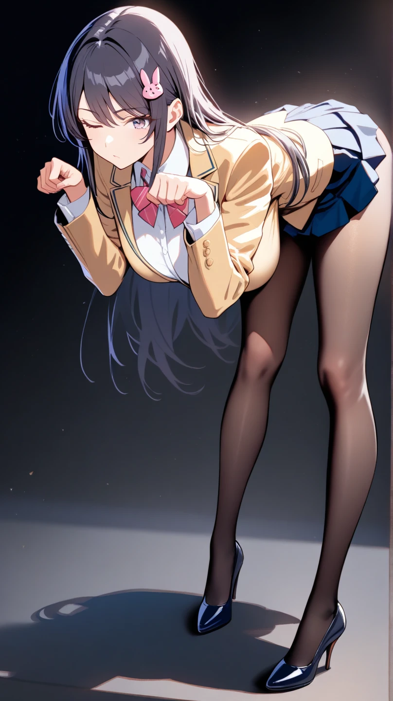 1 girl, five fingers, pencil skirt, looking down at the audience, Double tail, best quality, Thigh focus, dynamic poses, Smile is seductive and smug, suit, black pantyhose, under pantyhose, female office worker,