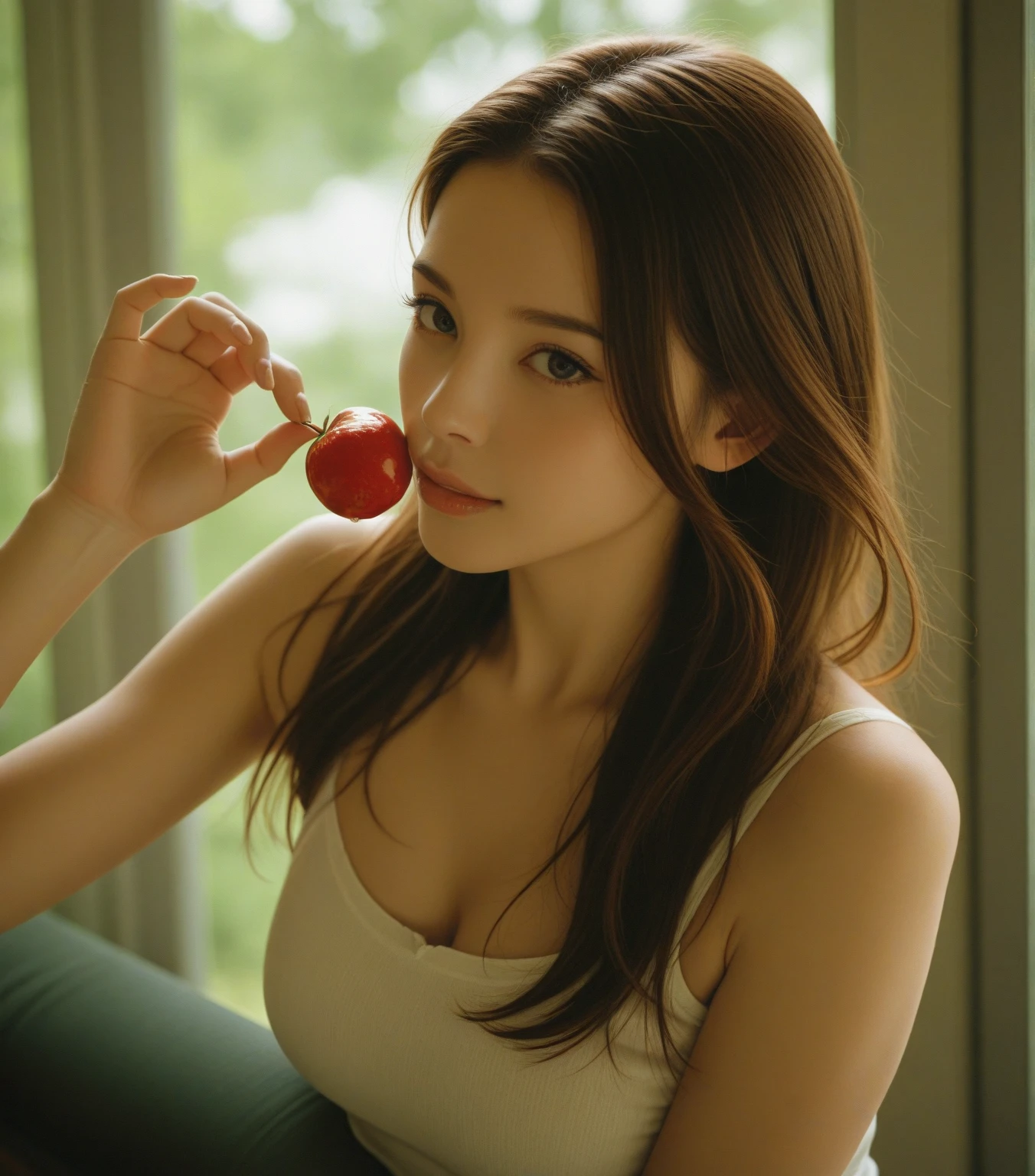 femele、big eye、Super Detail Eyes、Hair in super detail、Curly hair、bokeh feeling、Natural makeup、夏天、A smile、sweets、Brilliant、fruit、apple、dining、Dolce、great outdoors、large full breasts、red-lips、Little red cheeks、1 person、Beautiful nails、nature backdrop、bewitching、the woods、Red berries