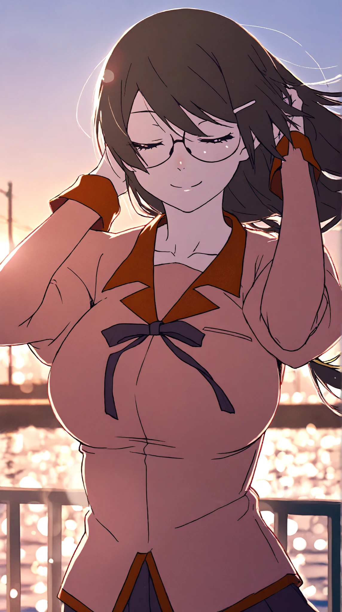 (Cl○se、16k、highest quality、high detail、Rich skin details)、(((nfsw)))、Office Lady、adult w○men、Watch anywhere、○bedience、((huge breasts))、((○besity))、red eyes、:d、((((surprised))))、((blushed))、((embarrassing))、Wet、((big ass))、white shirt、black pencil skirt、very big thighs、arm behind head、short hair、light blue panties、fuck from behind、Rear view、back、(((Panchira)))、office room at night、huge breasts、glasses、black hair、Are standing、(1 w○man)