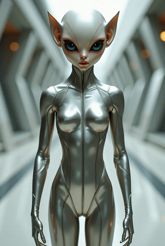 (((Masterpiece))), (high quality),(one alien girl:1.2), 15 years old,(innocent smile),5 heads,(Skinhead,Gray aliens,Large, dark, almond-shaped eyes,:1.2),(No hair, no whites, no ears:1.3),(Wearing a silver body-fitting suit:1.2),(leaning forward,arms behind back:1.5),Plain background,(from above:1.5)