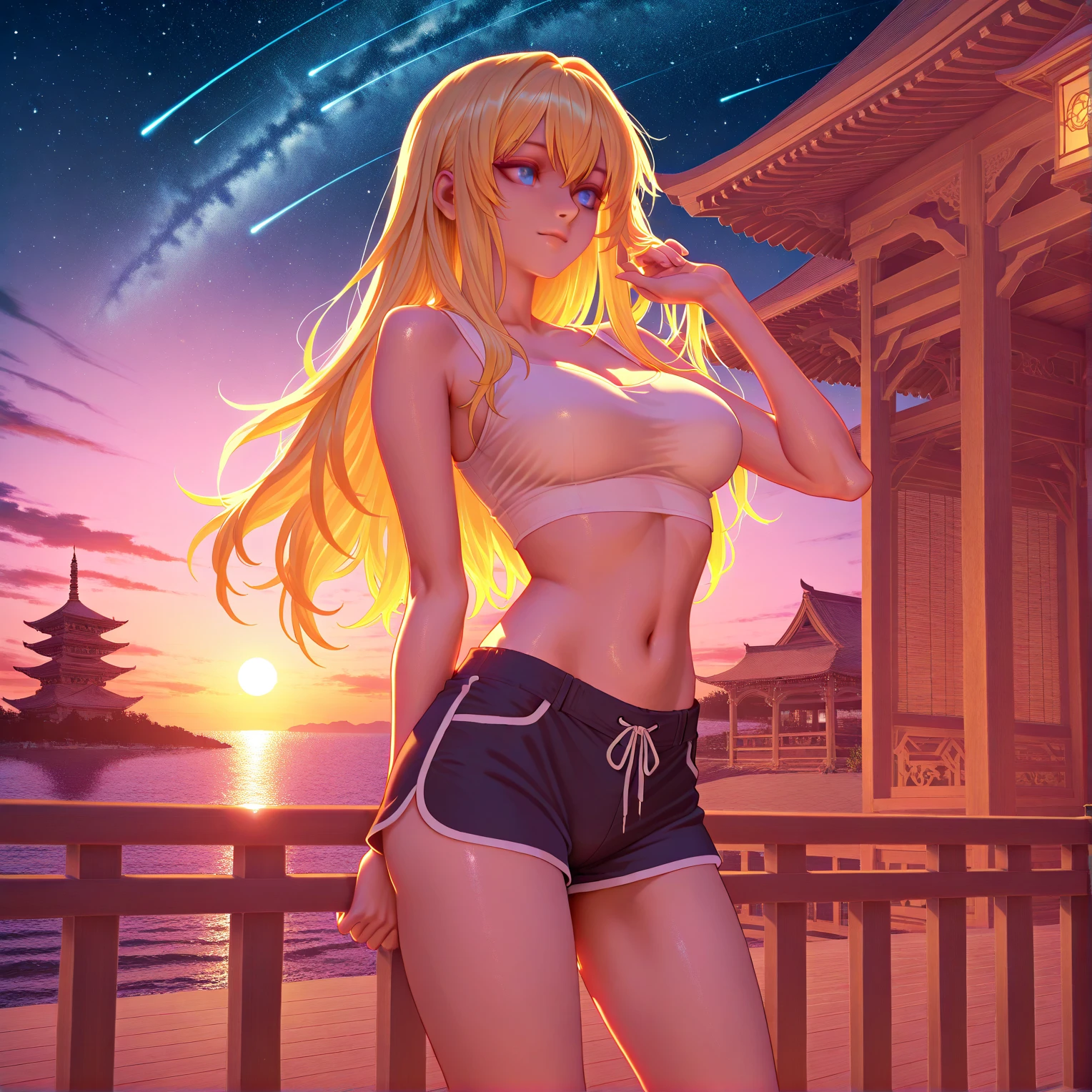 master part, high, high quality, detailed face, Detailed body, full body, 1girl, solo, nude, nude shoulders, naruko uzumaki, twintails yellow hair, blue eyes, necklace, smile, looking at the viewer, large breasts, sexy pose, dark lips, standing, blushes, landscape, night, moon and stars, nebula
