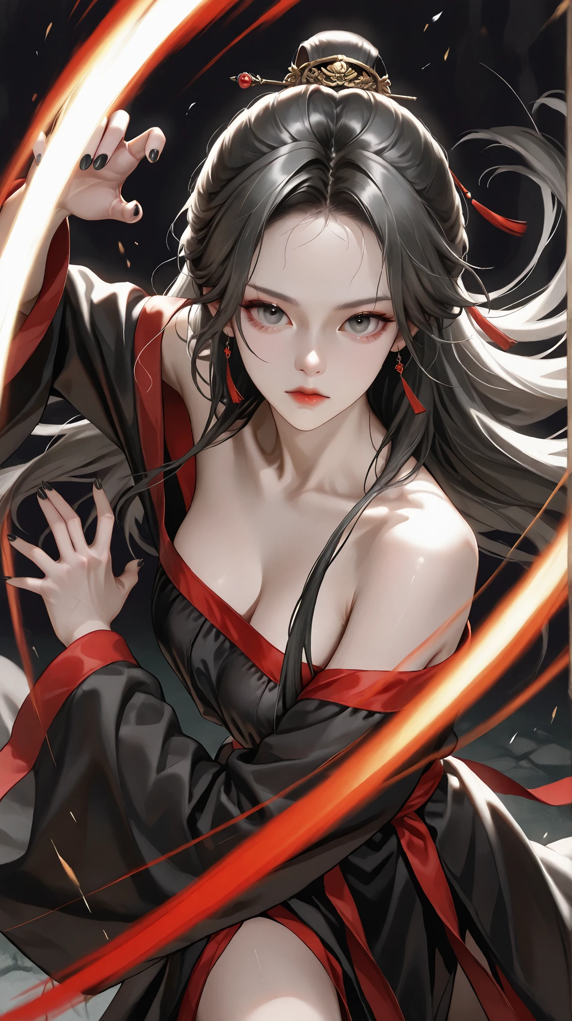 ghost,One person, High resolution, Long Hair, Red eyes, ghost滅の刃,knife,tooth, toothが尖っている, Biting one's lip, Frowning, Afterimage, Horns of the beast, Removed Mask,