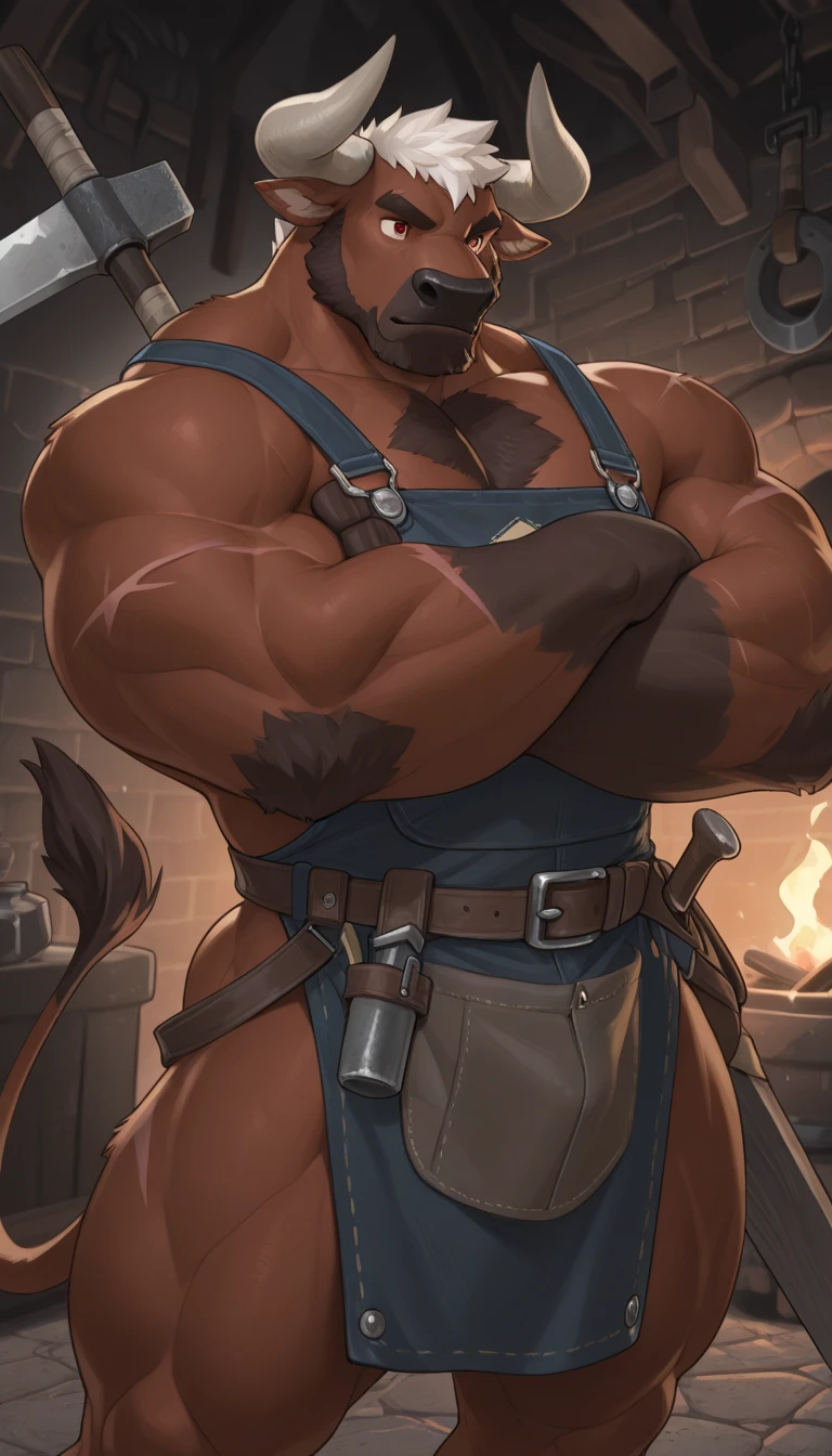 A tall furry muscular black panther with massive pecs only wearing a tight blacksmith apron while cheerfully smiling while in his black Smith shop, big bulge, focus pecs, focus bulge, muscular