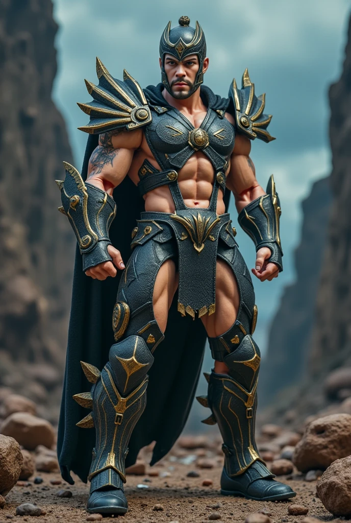 Arnold Schwarzenegger as Conan the Barbarian wearing a metal helmet and armor standing before a simple backdrop in the style of D14bl0, realistic-auto. --auto